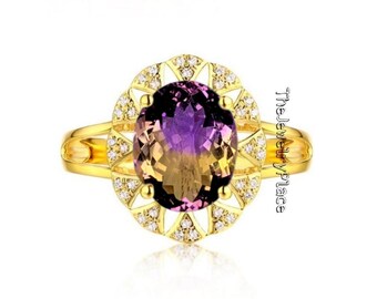 Oval Cut Ametrine Engagement Ring Art Deco Halo Wedding Ring Vintage  Bridal 14k Gold Plated Ring Unique Gemstone Ring Anniversary Gift