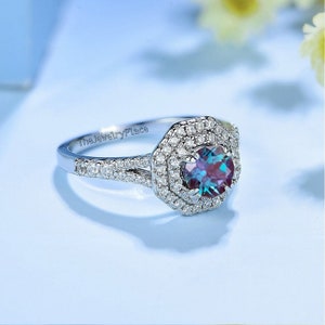Round Alexandrite Ring- 925 Sterling Silver- Engagement Ring Promise Ring Color Changing Stone June Birthstone Anniversary Gift For Her