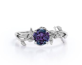 Colour Change Alexandrite Leaf Ring Wedding Ring, Color Changing Stone Ring, June Birthstone Ring, Promise Ring, Silver Alexandrite Ring