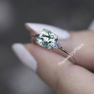 Unique Natural Moss Agate 925 Sterling Silver Engagement Ring Nature Inspired Moss Agate Ring Handmade Jewelry Art Deco Ring