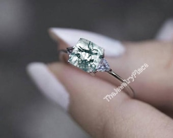 Unique Natural Moss Agate 925 Sterling Silver Engagement Ring Nature Inspired Moss Agate Ring Handmade Jewelry Art Deco Ring