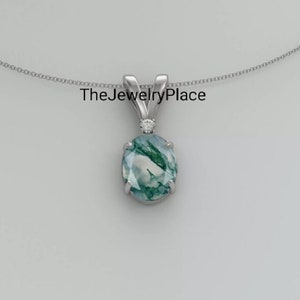 Wonderful Oval Cut Moss Agate Silver Necklace, Excellent Green Moss Agate Necklace, 925 Silver Moss Agate Pendant, Moss Agate Necklace