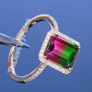 Tourmaline Emerald Cut Ring 24K Rose Gold Ring, Watermelon Tourmaline Doublate Quartz Ring, Watermelon Tourmaline Engagement Ring