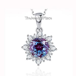 Alexandrite Statement Necklace Round Cut Color Changing June Birthstone Sterling Silver Solitaire Pendant