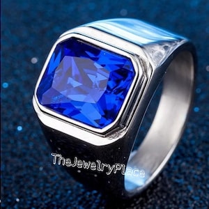 Mens Sapphire Ring, Emerald cut engagement ring, solid silver , halo ring, September birthstone, gifts for women
