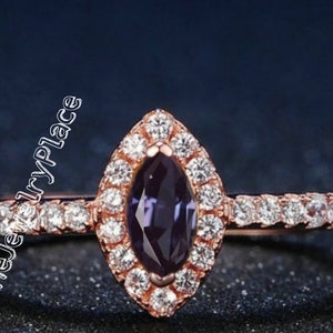 Alexandrite Engagement Ring, 14K Rose Gold Plated, Marquise Cut, June Birthstone Ring