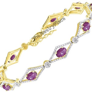 May include: A gold bracelet with a diamond and ruby design. The bracelet features a repeating pattern of small diamonds and oval-shaped rubies set in gold.