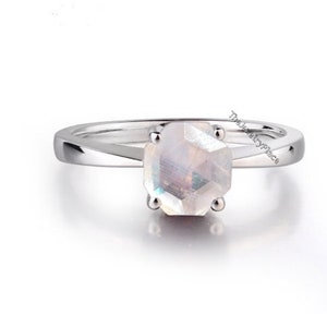 Hexagon Moonstone Ring, 925 Sterling Silver, Dainty Moonstone Ring, Gemstone Ring, Boho Ring, Rainbow Moonstone, Engagement Ring