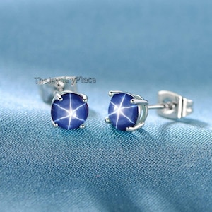 Genuine Lindy Blue Star Earrings for Bride Blue Star Earrings in 925 Sterling Silver Round Star Sapphire Earrings