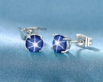 Genuine Lindy Blue Star Earrings for Bride Blue Star Earrings in 925 Sterling Silver Round Star Sapphire Earrings
