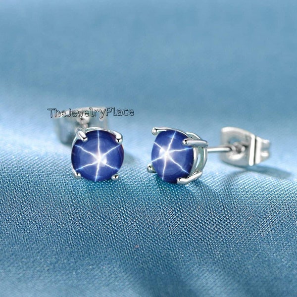 Genuine Lindy Blue Star Earrings for Bride Blue Star Earrings in 925 Sterling Silver Round Star Sapphire Earrings