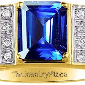 Genuine Lab Sapphire Ring, Wedding Ring, Emerald Cut Sapphire Wedding Ring, 14k Gold Plated, Men&#39;s Ring Blue Gemstone Ring, Birthstone Ring