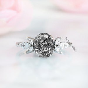 Elegant Vintage Black Rutile Ring  Gemstone Women Ring  Rutile Quartz Wedding Ring   Quartz Ring Set Anniversary Gift