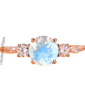Blue Rainbow Moonstone Ring, Round cut, June Birthstone, 14K Rose Gold Vermeil Ring, Wedding Ring