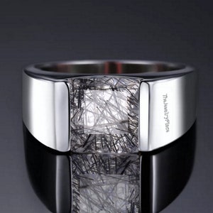 Black Rutile Quartz Solitaire Ring-Square Cut Black Rutilated Quartz Ring-Men Black Rutile Vintage Ring 925 Solid Sterling Silver