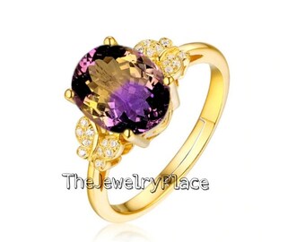 Oval Cut Ametrine Wedding Ring, Solitaire Gold Bridal Rings, 18K Yellow Gold Rings, Women Handmade Jewelry, Anniversary Ring For Wife
