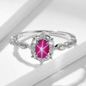Dainty Pink Star Ruby Ring Silver 925 Ring, Lindy Star Ruby Vintage Engagement Art Deco Ring Cabochon Ring, Valentine&#39;s Day Gift For Her