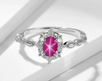 Zierlich Rosa Stern Rubin Ring Silber 925 Ring, Lindy Stern Rubin Vintage Verlobung Art Deco Ring Cabochon Ring, Valentinstag Geschenk für Sie
