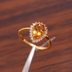 Teardrop Golden Topaz Ring in 24k Gold Plated Engagement Ring Wedding Ring Yellow Gemstone Rings