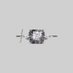 Square Cut Black Rutilated Quartz engagement Ring Unique Rutilated Vintage Ring Handmade Ring Art Deco Ring