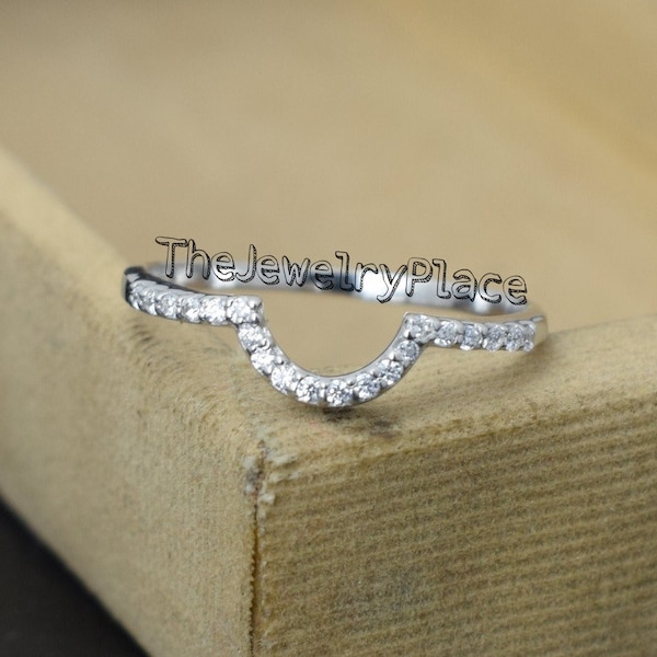 Curved Diamond Wedding Band- Sterling Silver Wedding Band- Diamond Ring Band- Engagement Band- Stackable Ring- Gift For Her