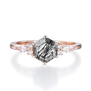 Unique Natural Black Rutilated Quartz Ring Vintage Black Gemstone Ring Hexagon Black Ring Unique Women Wedding Ring Gift for Her