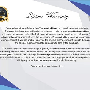 May include: A graphic with the text "Lifetime Warranty" and a gold seal that says "Premium Quality Product". The text details the warranty terms, including stone replacement and repair for jewelry purchased from The Jewelry Place.