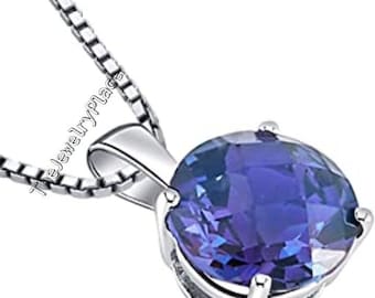 Round Cut Alexandrite Necklace For Women- Color Changing Gemstone Pendant- Alexandrite Pendant in 925 Sterling Silver