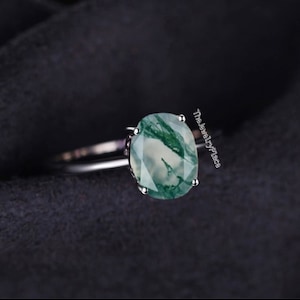 Vintage Oval Cut Moss Agate Ring, 925 Sterling Silver Moss Agate Engagement Ring Promise Wedding Anniversary Ring Gift For Her