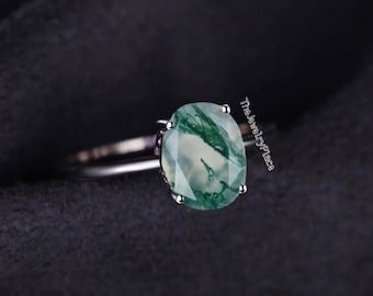Vintage Oval Cut Moss Agate Ring, 925 Sterling Silver Moss Agate Engagement Ring Promise Wedding Anniversary Ring Gift For Her