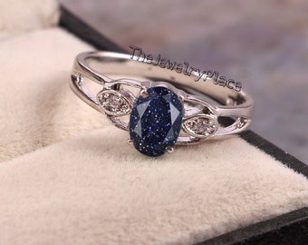 Solid Silver Blue Sandstone Engagement Ring, Oval Sandstone Promise Ring, Galaxy Stone Wedding Ring Gift