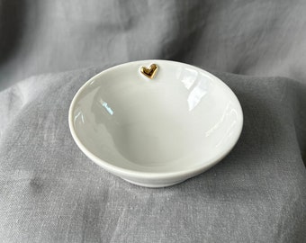Elegant white porcelain bowl with a goldheart, handmade, unique gift