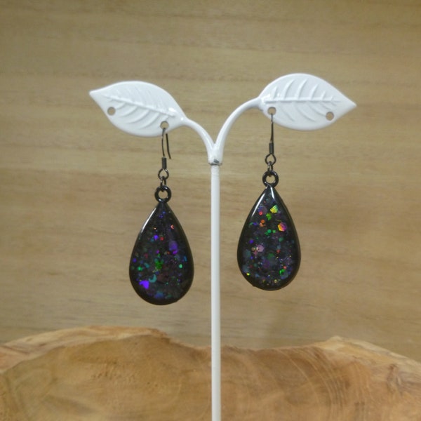 Boucles d'oreilles en résine gouttes brillantes Noires