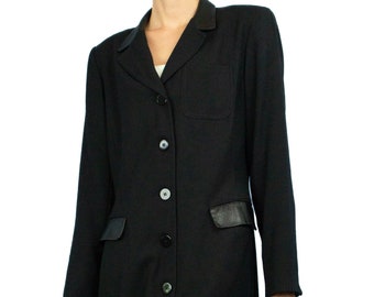 Vintage (Made in the USA) "Hugo Buscati" Long Black Blazer with Real Leather Accents