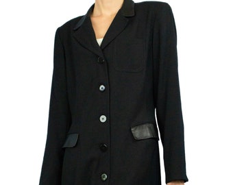 Vintage (Made in the USA) "Hugo Buscati Collection" Long Black Blazer with Real Leather Accents