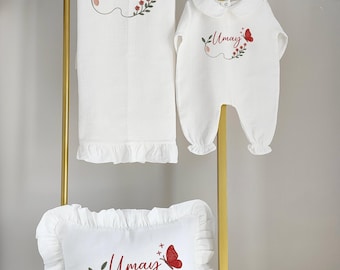 Personlig babyshower - Muslin Babyset med namnbroderi – Anpassad present till nyfödd