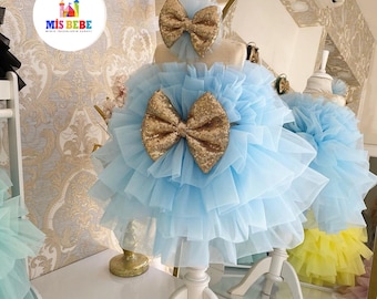 Baby Girl Tulle Tutu Dress: Gold Bow Special Occasion Outfit