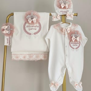 Elegant Newborn Baby Girl Outfit Set - Personalized with Name, Crown, and Bow Details