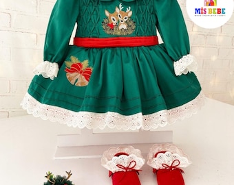 Christmas Baby Girl Dress: Reindeer Embroidery, Shoes & Hair Clip