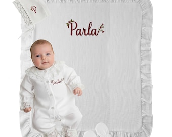 Personligt babyset med muslin, spetskrage, nyföddoutfit, kommer hem