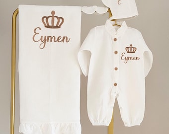 Embroidered Baby Boy Coming Home Outfit: Personalized Muslin 4-Piece Set