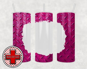 May include: Three stainless steel tumblers with a pink and white design. The tumblers have a white area for personalization and a pink diamond plate pattern on the bottom half. The tumblers have a red cross with the text "Nurse Ratched" on the left side of the image.