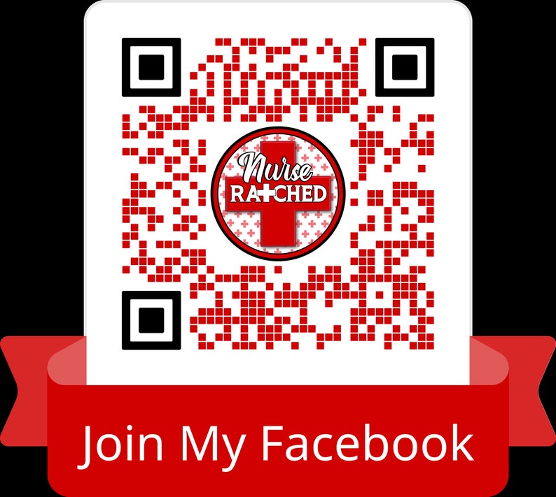 May include: A white square with a red QR code pattern. The center features a circular logo with the words "Nurse RATCHED" and a red cross. A red banner at the bottom reads "Join My Facebook".