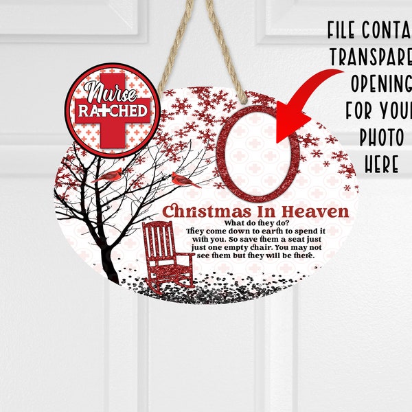 Christmas In Heaven New Font Memorial OVAL Door Round Door Hanger, PNG, Cardinal, Single Photo Memorial Door Round, Design, Digital ONLY