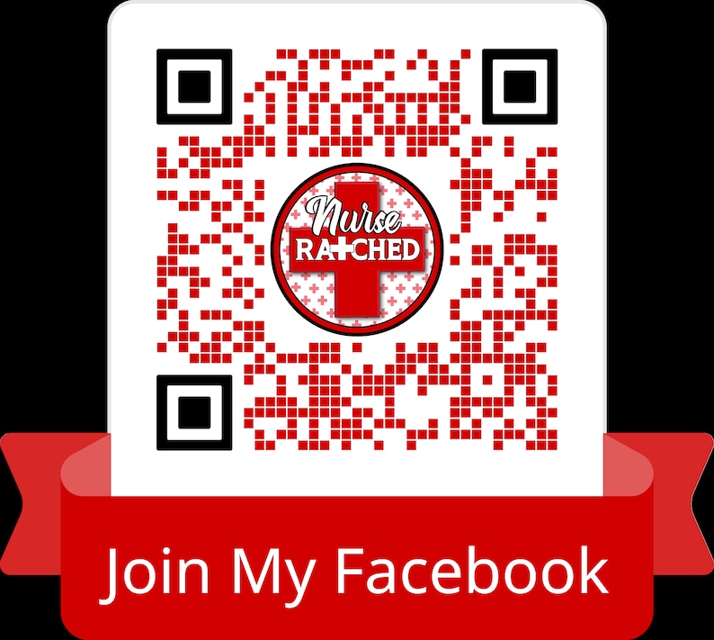 K&ouml;nnte beinhalten: Ein roter und wei&szlig;er QR-Code mit dem Text "Nurse Ratched" in einem Kreis. Unter dem QR-Code befindet sich ein rotes Banner mit dem Text "Join My Facebook".