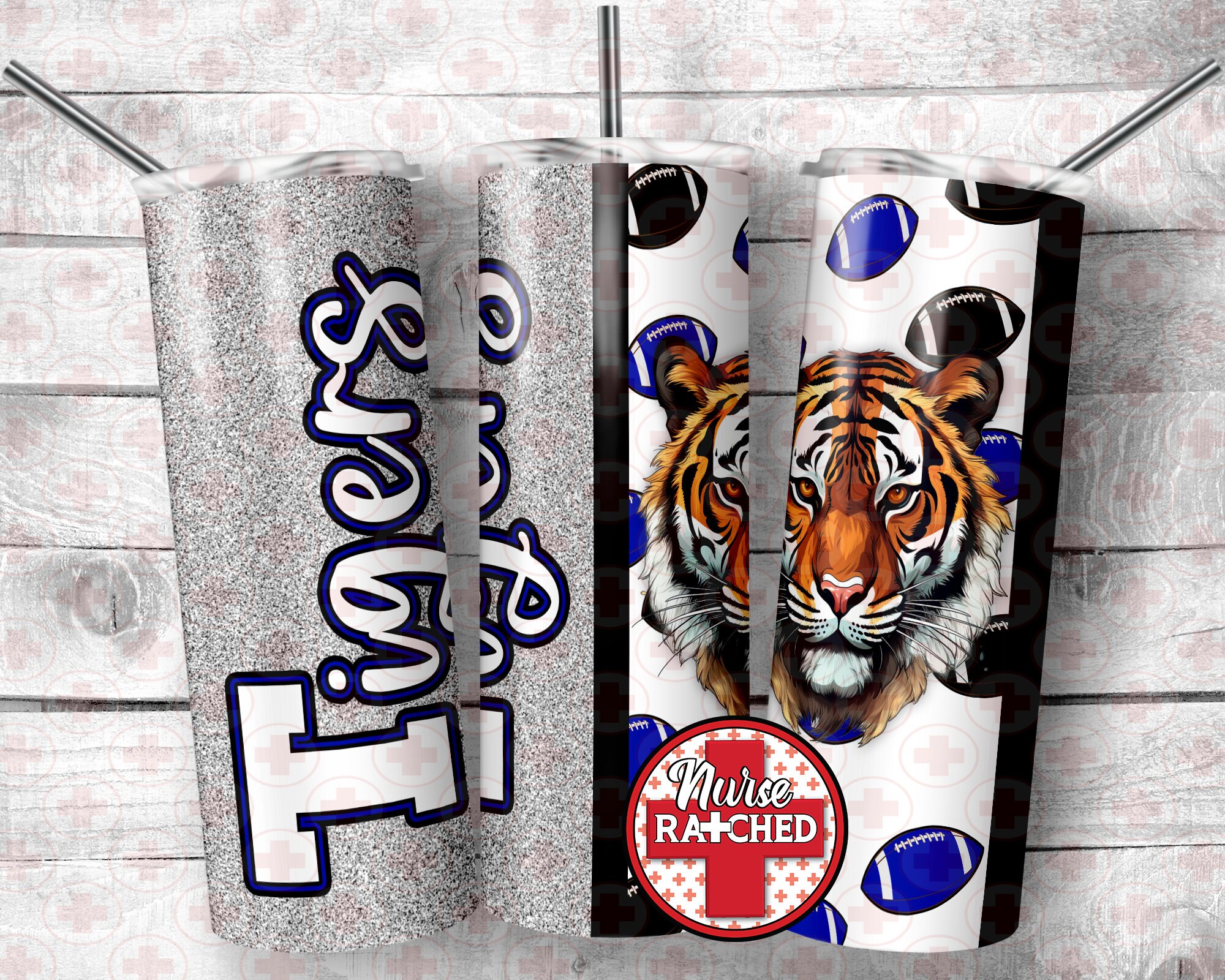 Tigers Blue Silver Football, 20oz Skinny Tumbler Sublimation Design, Digital Download,  PNG, Instant DIGITAL ONLY