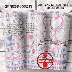 K&ouml;nnte beinhalten: Ein wei&szlig;er Becher mit einem rosa-blauen Glitzerhintergrund. Der Becher zeigt ein Stethoskop, einen Storch, der ein Baby tr&auml;gt, und den Text "Labor and Delivery Nurse" und "Push It Good".
