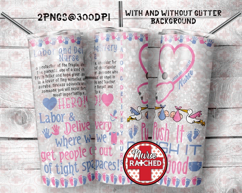 K&ouml;nnte beinhalten: Ein wei&szlig;er Becher mit einem rosa-blauen Glitzerhintergrund. Der Becher zeigt ein Stethoskop, einen Storch, der ein Baby tr&auml;gt, und den Text "Labor and Delivery Nurse" und "Push It Good".