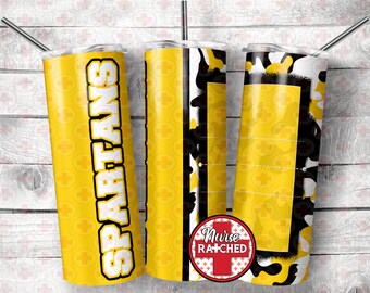 Spartans Yellow Black Volleyball Camo, 20oz Skinny Tumbler Sublimation Design, Digital Download,  PNG, Instant DIGITAL ONLY