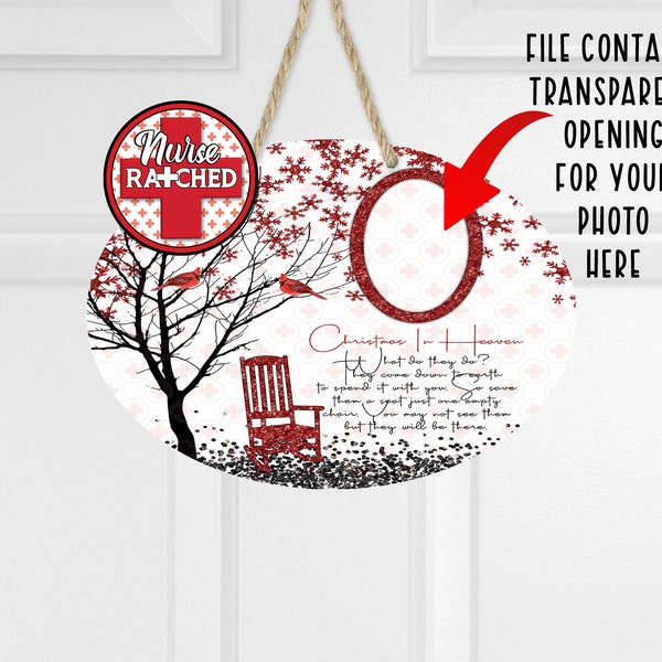 Christmas In Heaven Memorial OVAL Door Round Door Hanger, PNG, Cardinal, Single Photo Memorial Door Round, Design, Sublimation, Digital ONLY